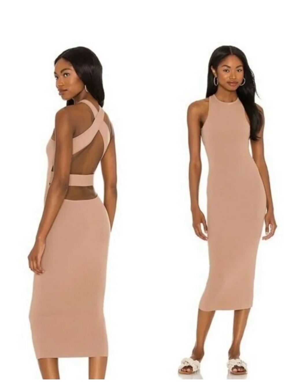 House of Harlow 1960 Nude-Tan Cross-Back Midi Dress